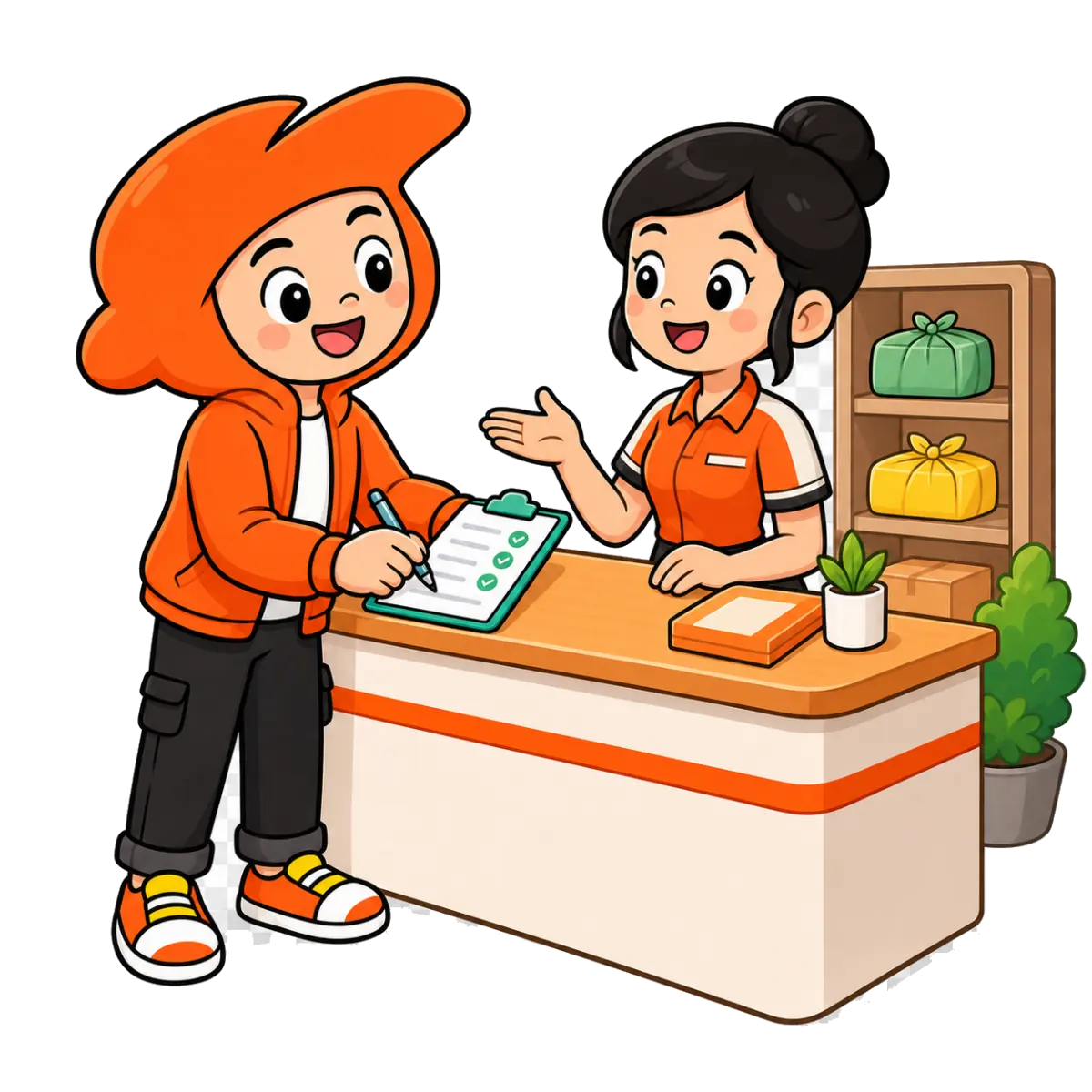 Calon Mitra mengisi formulir sambil berbincang dengan staf di Agen Pos Lemari Keliling